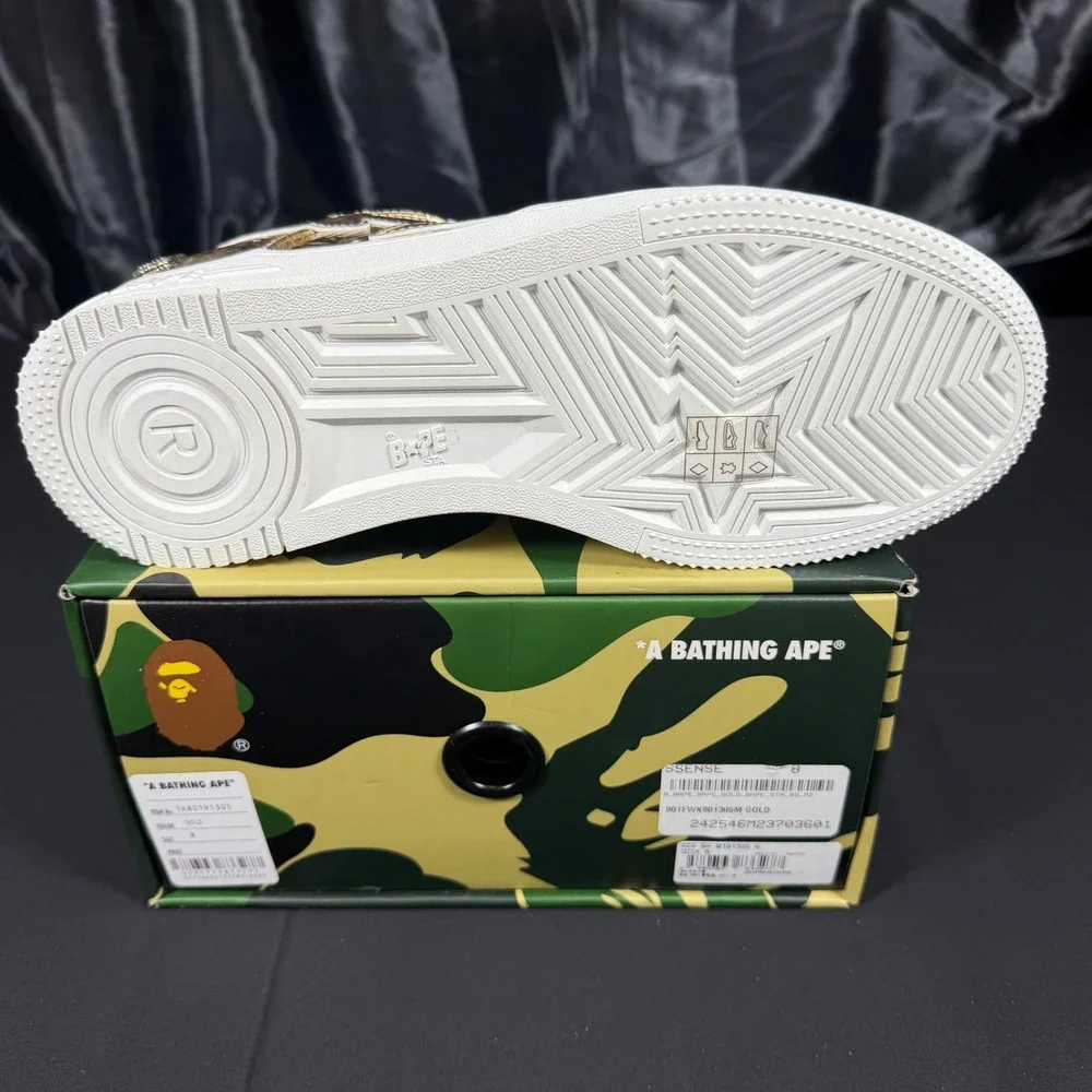 A Bathing Ape Bape Sta Gold Metallic Embossed Low Top Sneakers 1K80191305 Size 8